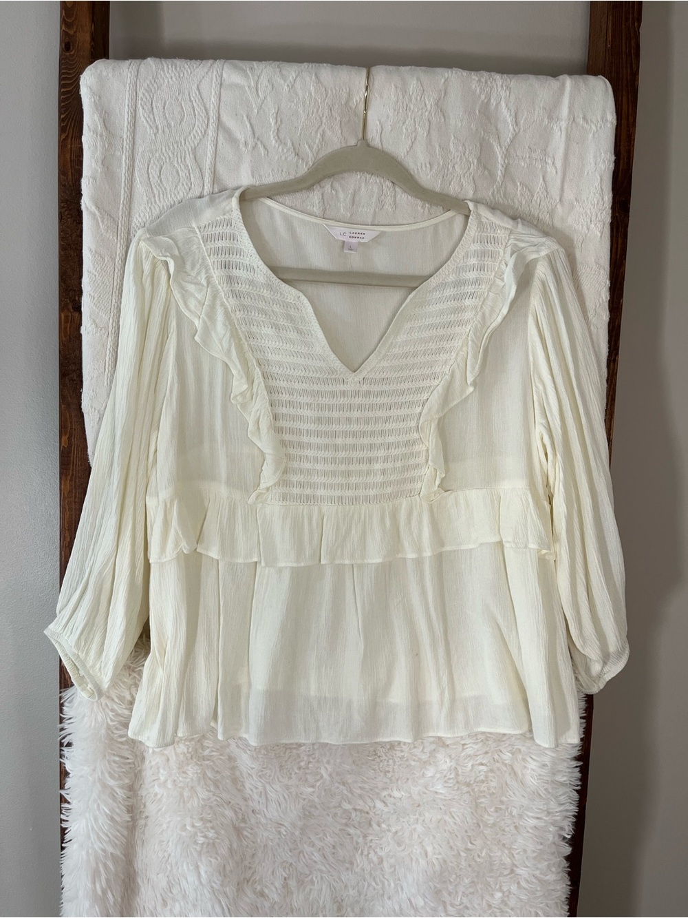 LC Lauren Conrad Ivory Smocked Ruffle V-Neck Blouse - Women’s Large